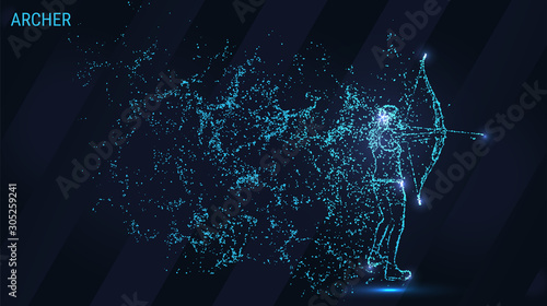 Archer of the particles. Archer consists of dots and circles. Blue Archer on dark background