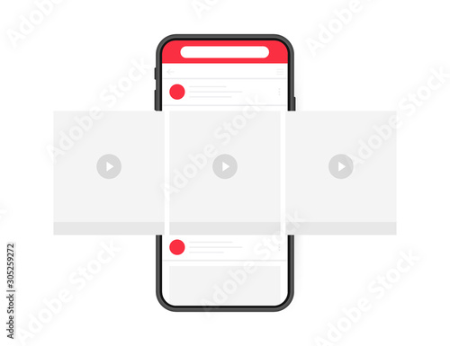 Social media design concept. Smartphone video player with interface carousel on social network. Modern flat style vector illustration