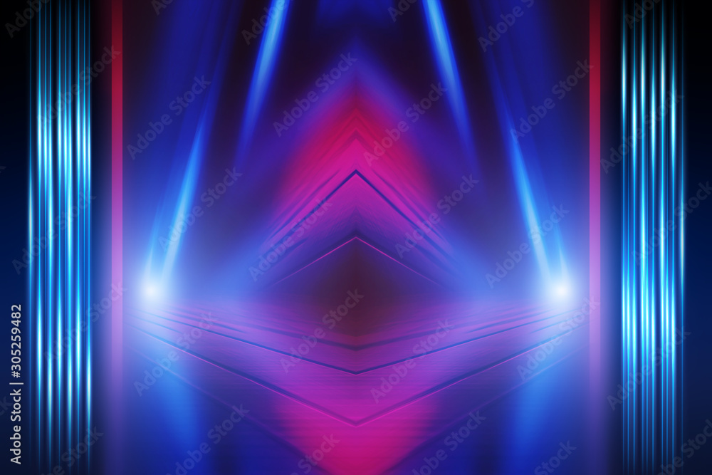 Empty dark abstract background. Background of an empty show scene. Glow of neon lights on an empty stage. Empty dark abstract background. Background of an empty show scene. Glow of neon lights on an empty stage.