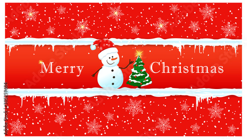 Horizontal banner with a frame of snow and icicles and a cute snowman with a Christmas tree. Merry Christmas Text