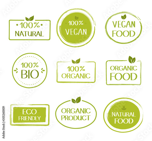 Organic healthy vegan food labels. Natural, fresh, organic food stickers collection. Vector graphic design