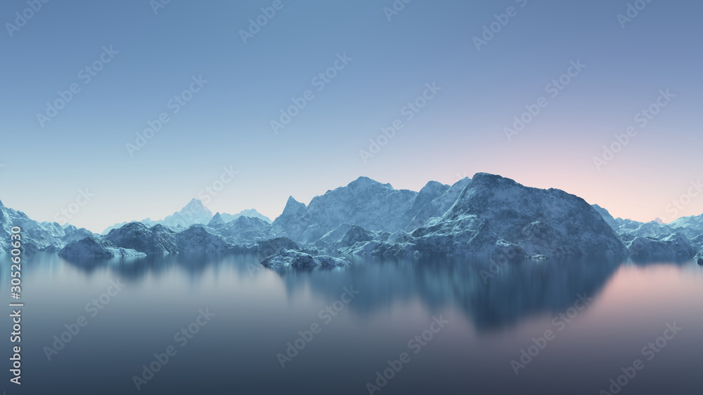Winter frozen landscape with lake and mountains