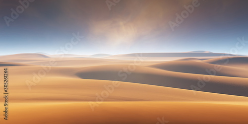 Sand dunes and dust storm in the desert, hot and dry desert landscape