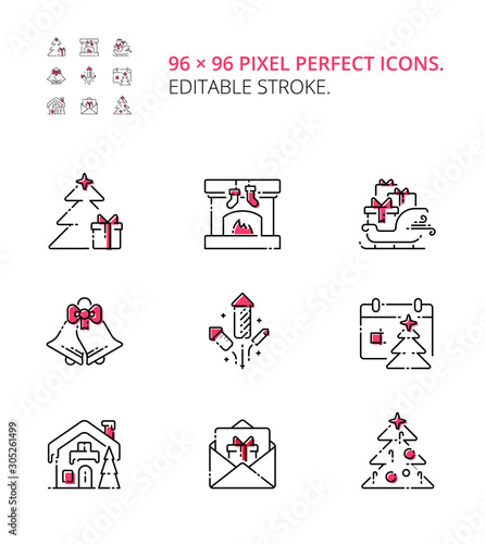 Christmas eve and New Year icon set. Modern vector thin line flat design icons and pictograms set. Christmas tree, decoration, bells, calendar, gifts, Santa sled with presents, mail, decorated house, 