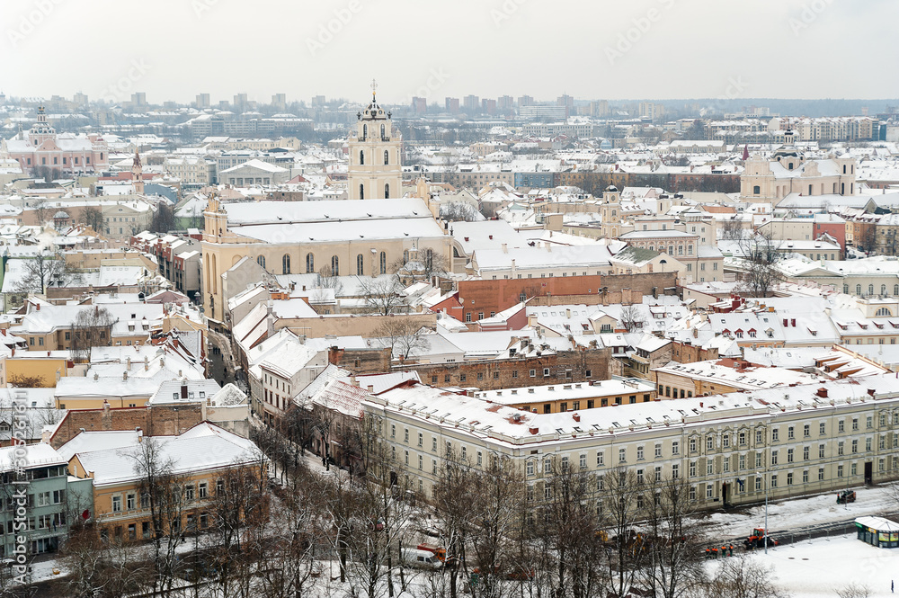 Winter snowy day in Vilnius, panoramic view of the city.