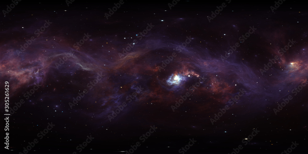 360 degree space nebula, equirectangular projection, environment map. HDRI spherical panorama. Space background with nebula and stars