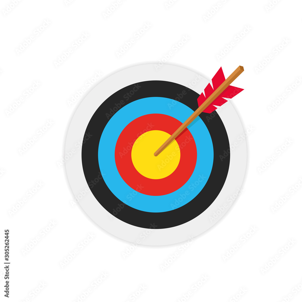 simple flat minimalist archery target with arrow hit the center aim. Illustration of goal success business target. Archery sport graphic element. simple flat minimalist archery target with arrow hit the center aim. Illustration of goal success business target. Archery sport graphic element.