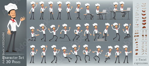 Cartoon flat cute funny chief cook boy character in white uniform and hat. 30 different poses and face expressions. Isolated on white background. Big vector icon set.