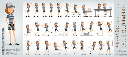 Cartoon flat cute funny hipster girl character in striped shirt and shorts. 30 different poses and face expressions. Isolated on white background. Big vector icon set.