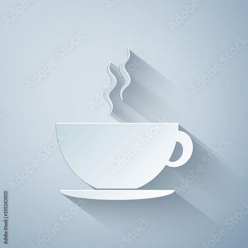 Paper cut Coffee cup icon isolated on grey background. Tea cup. Hot drink coffee. Paper art style. Vector Illustration