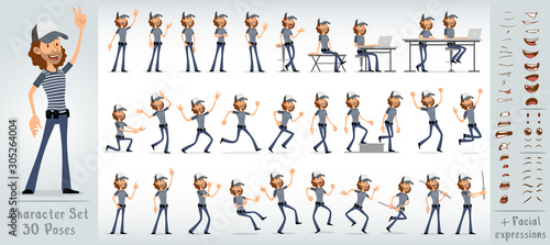Cartoon flat cute funny hipster boy character in striped shirt and jeans. 30 different poses and face expressions. Isolated on white background. Big vector icon set.