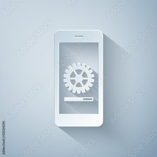 Paper cut Smartphone update process with gearbox progress and loading bar icon isolated on grey background. System software update and upgrade concept. Paper art style. Vector Illustration
