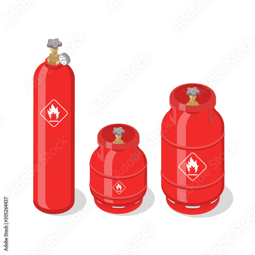 Set of metal containers or cylinders with liquefied compressed natural gases. Gas tanks balloons of various size isolated on white background. Isometric vector illustration.