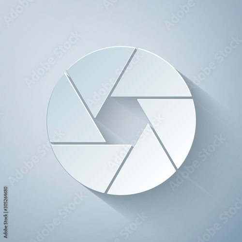 Paper cut Camera shutter icon isolated on grey background. Paper art style. Vector Illustration
