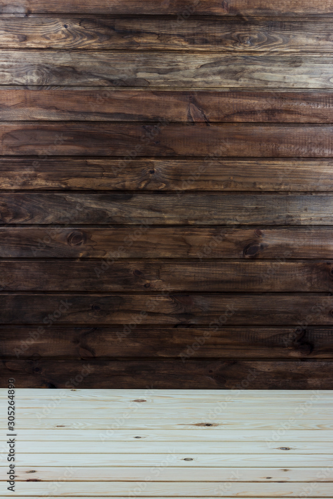 Fototapeta premium wooden wall with tabletop, background, place for text, place for placing goods