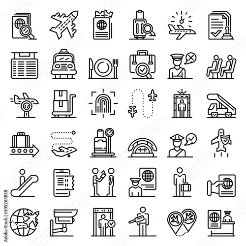 Passport control icons set. Outline set of passport control vector icons for web design isolated on white background