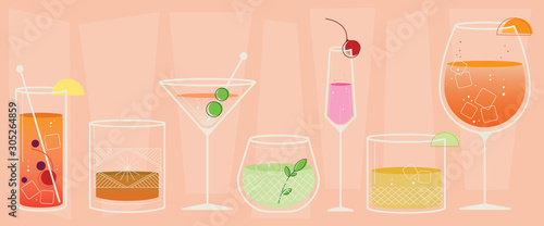 Cocktail Illustration, Icon Set, Vintage Style