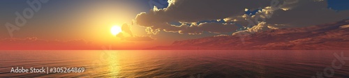 panorama of the ocean sunset, sea sunset, the sun in the clouds over the wate...