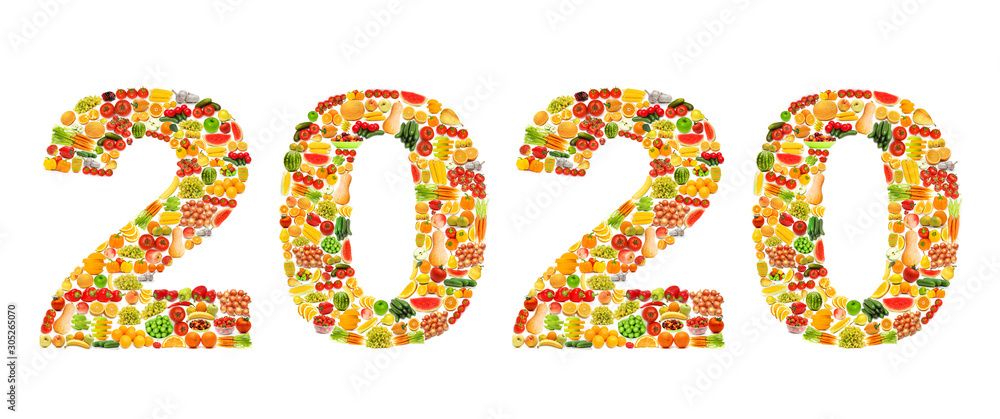 Year 2020 made from fruit photos