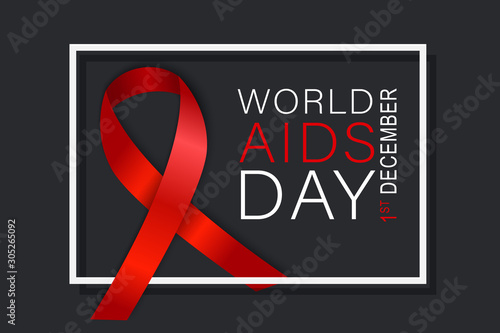 World Aids day. Red awarness ribbon in a white frame on dark background design with lettering. Vector illustration.