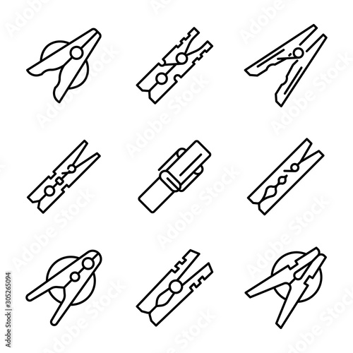 Clothes pins icons set. Outline set of clothes pins vector icons for web design isolated on white background