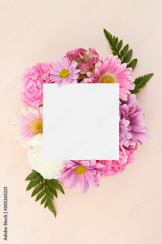 white paper card on pink flower bouquet summer spring colorful 