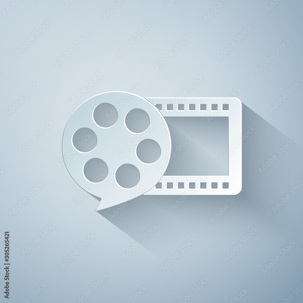 Paper cut Film reel and play video movie film icon isolated on grey background. Paper art style. Vector Illustration Paper cut Film reel and play video movie film icon isolated on grey background. Paper art style. Vector Illustration
