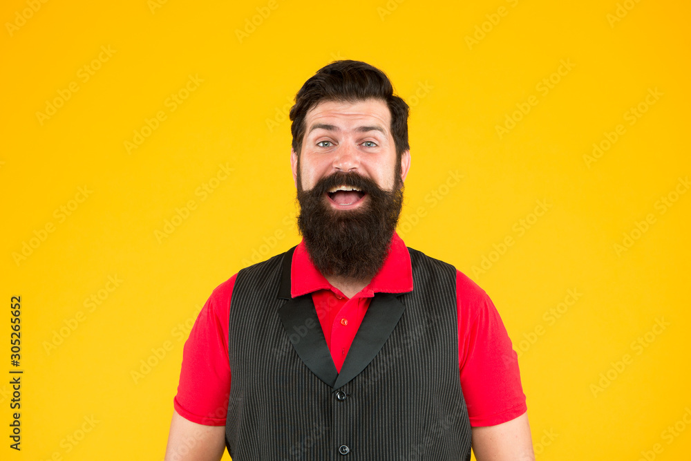 Obraz premium Bring bearded hair to next level. Bearded man yellow background. Happy hipster with smile on bearded face. Barbershop. Shaving salon. For unshaven and bearded