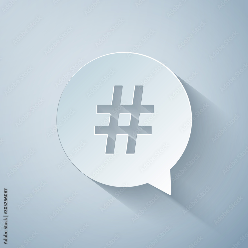 Obraz premium Paper cut Hashtag in circle icon isolated on grey background. Social media symbol, concept of number sign, social media, micro blogging pr popularity. Paper art style. Vector Illustration