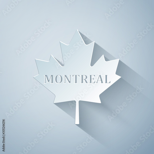 Fototapeta Naklejka Na Ścianę i Meble -  Paper cut Canadian maple leaf with city name Montreal icon isolated on grey background. Paper art style. Vector Illustration