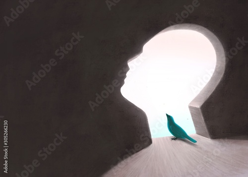 Freedom and ambition concept, imagination of surreal scene human head with a bird looking at the sky, painting illustration photo