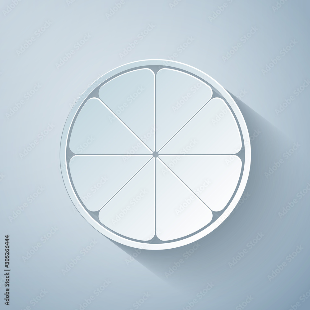 Paper cut Orange in a cut. Citrus fruit icon isolated on grey background. Healthy lifestyle. Paper art style. Vector Illustration Paper cut Orange in a cut. Citrus fruit icon isolated on grey background. Healthy lifestyle. Paper art style. Vector Illustration
