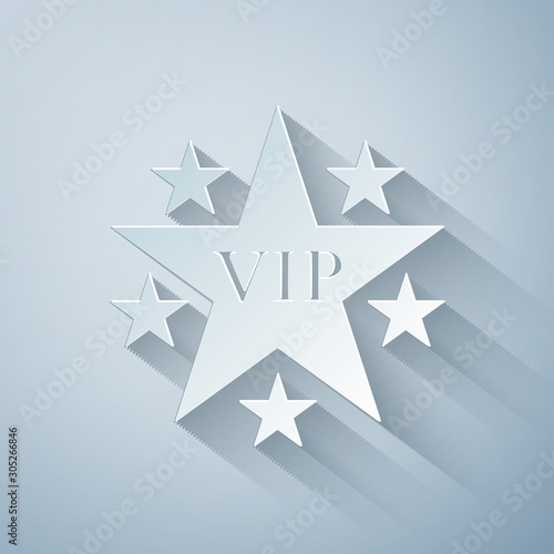 Fototapeta Naklejka Na Ścianę i Meble -  Paper cut Star VIP with circle of stars icon isolated on grey background. Paper art style. Vector Illustration