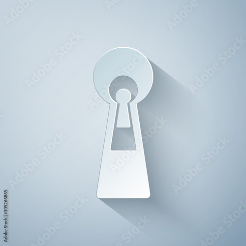 Paper cut Keyhole icon on grey background. Key of success solution, business concept. Keyhole express the concept of riddle, secret, peeping, safety, security. Paper art style. Vector Illustration