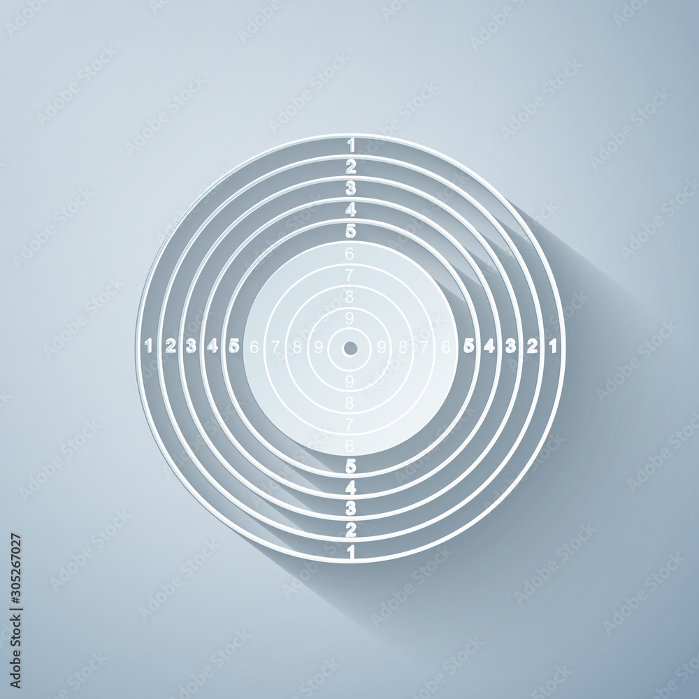 Paper cut Target sport for shooting competition icon isolated on grey background. Clean target with numbers for shooting range or pistol shooting. Paper art style. Vector Illustration Paper cut Target sport for shooting competition icon isolated on grey background. Clean target with numbers for shooting range or pistol shooting. Paper art style. Vector Illustration