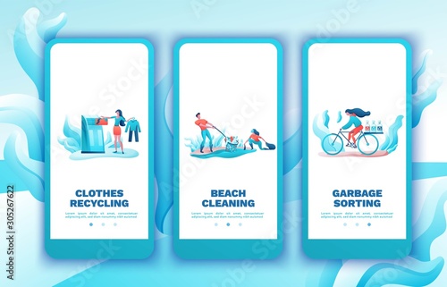 Garbage sorting mobile app template set, people recycling trash, plastic, cleanup beach concept, volunteer throwing can, environment, clothes disposal, flat cartoon vector ecology illustration
