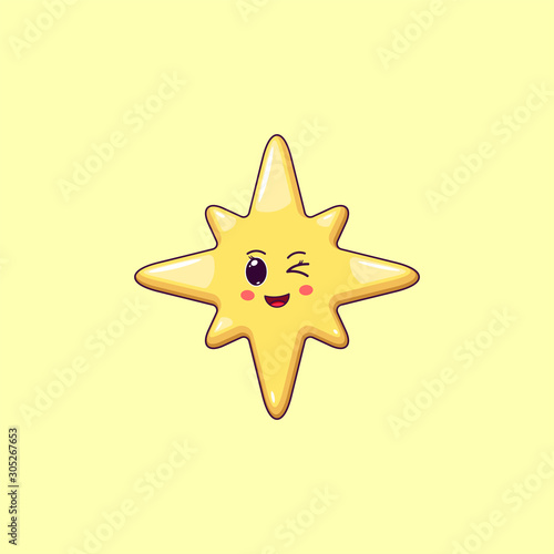 Cartoon Kawaii Golden Star with Winking Face. Cute Christmas and New Year Star with 8 Rays