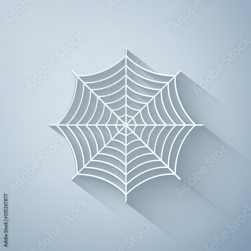 Paper cut Spider web icon isolated on grey background. Cobweb sign. Paper art style. Vector Illustration