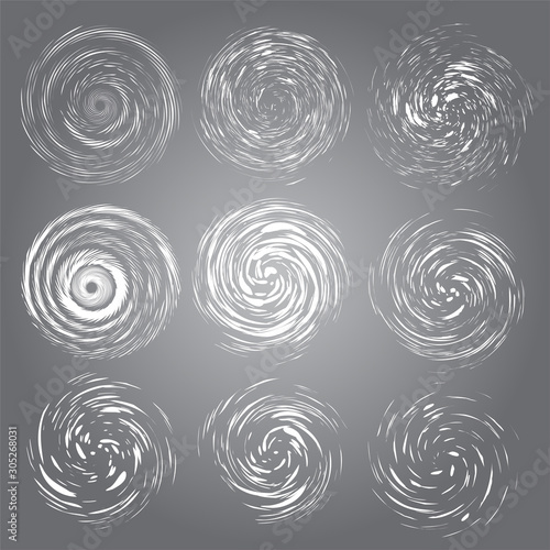 Hurricane swirls set. Vector top view tornado, swirling storm discs of shining stardust sparkles on dark background. Cold weather blizzard funnel, ice storm. Whirlwind winter symbol.