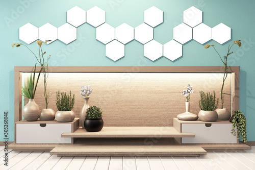 Hexagon tile lamp on hiden light wall and wooden cabinet minimal design on modern mint zen room japanese style.3D rendering photo