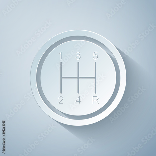 Paper cut Gear shifter icon isolated on grey background. Transmission icon. Paper art style. Vector Illustration