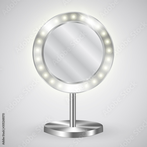 Mirror with frame of shining lamps standing on pedestal, blurry glowing chrome surface. Metallic silver reflections, modern elegant design illustration, isolated on white.