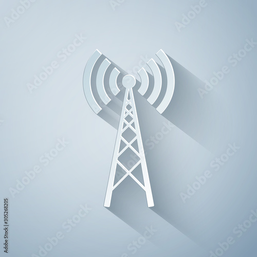 Paper cut Antenna icon isolated on grey background. Radio antenna wireless. Technology and network signal radio antenna. Paper art style. Vector Illustration