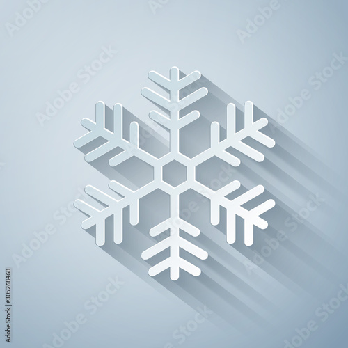 Paper cut Snowflake icon isolated on grey background. Paper art style. Vector Illustration
