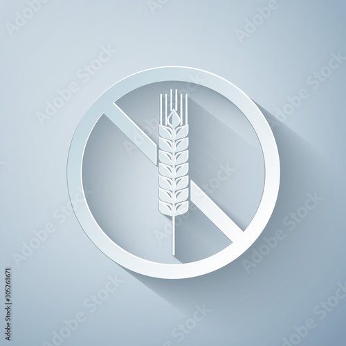 Paper cut Gluten free grain icon isolated on grey background. No wheat sign. Food intolerance symbols. Paper art style. Vector Illustration
