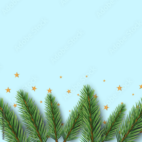 Christmas poster with realistic fir tree branches and golden stars. Xmas holiday cover background. Top view flat lay. Vector illustration.