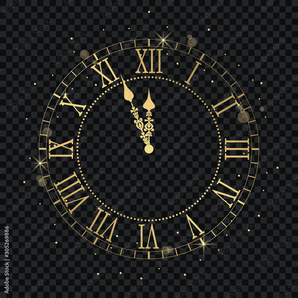 Gold vintage clock with Roman numeral and countdown midnight, eve for