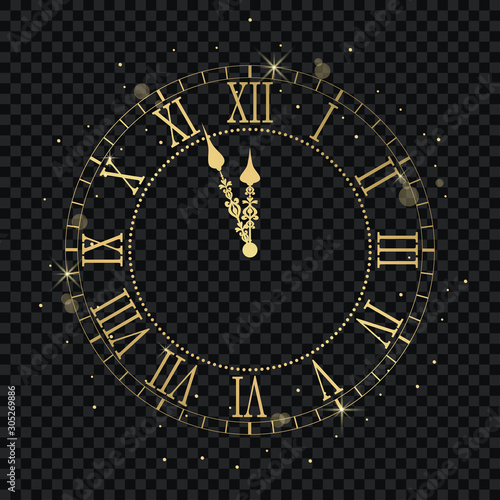 Canvas Gold vintage clock with Roman numeral and countdown midnight, eve for New Year