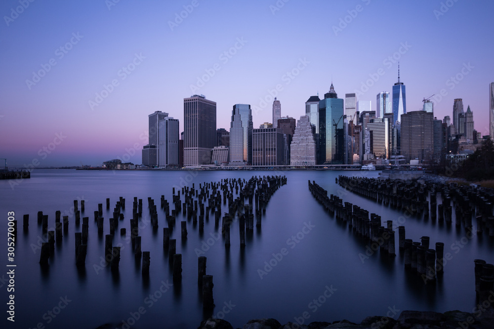 new york city skyline at sunrise long exposure