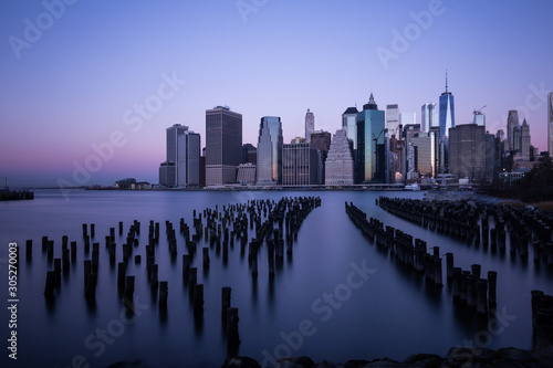 new york city skyline at sunrise long exposure